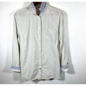 Banana Republic Blouse Womens Large White Gray Striped Roll Tab Sleeves Large